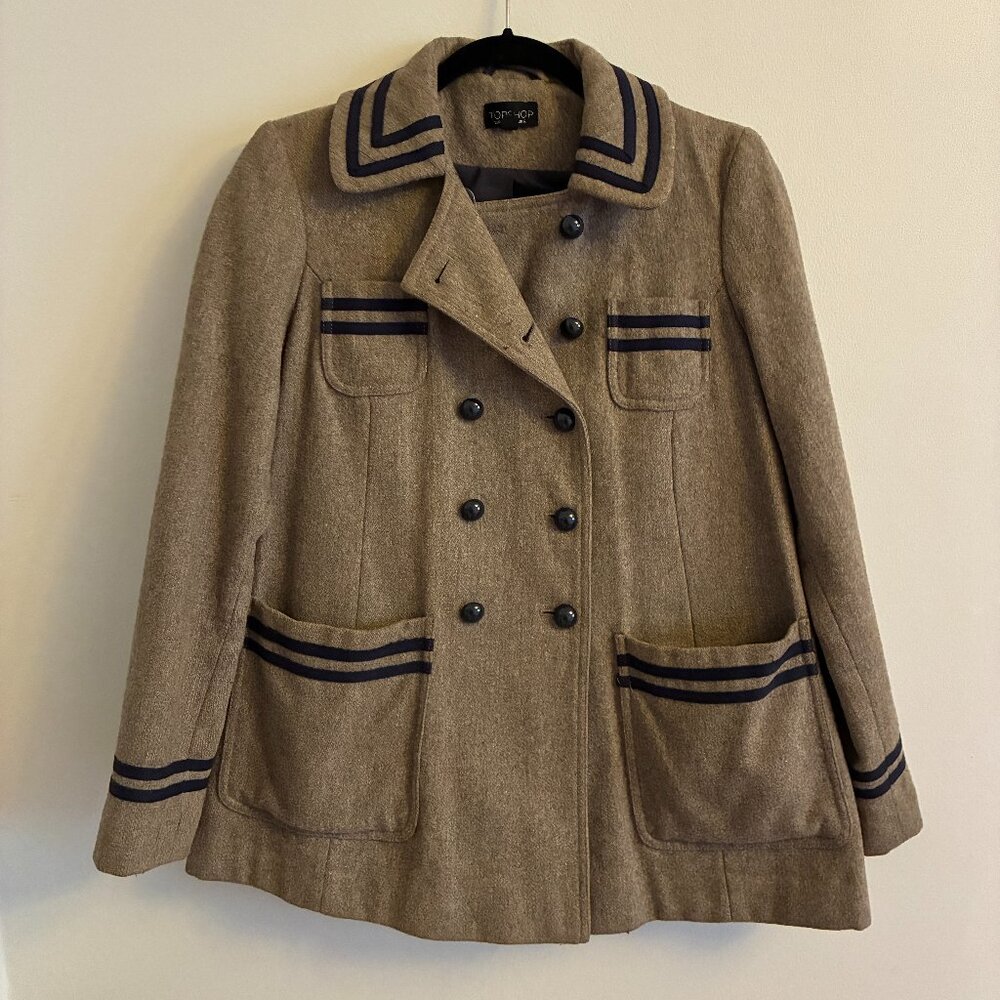 Topshop Brown & Blue Wool Short Swing Coat Sailor Y2K Alexa Chung Size Small 4